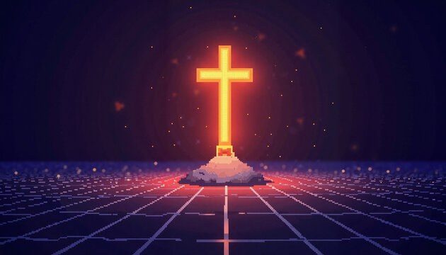 Pixel art glowing cross on ashen surface, symbolic illumination
