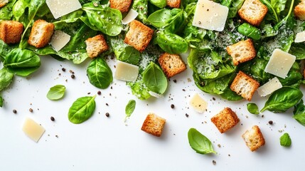 Top-down view of a fresh Caesar salad with croutons and Parmesan cheese, isolated on white background