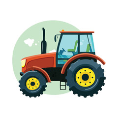 Red tractor on green background.  Farm vehicle