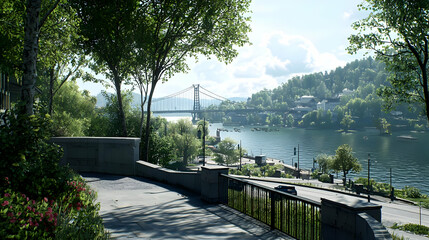 Scenic River View Landscape With Green Trees Sunlight and a Distant Bridge in Daytime