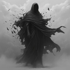 A mysterious figure in dark, flowing robes stands amidst swirling mist and leaves, evoking a sense of intrigue and the supernatural.