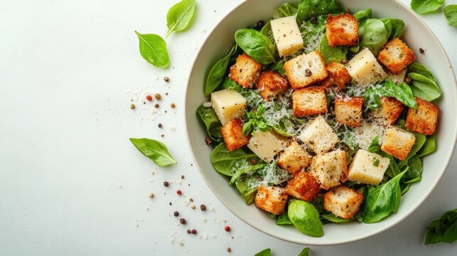Top-down view of a fresh Caesar salad with croutons and Parmesan cheese, isolated on white background