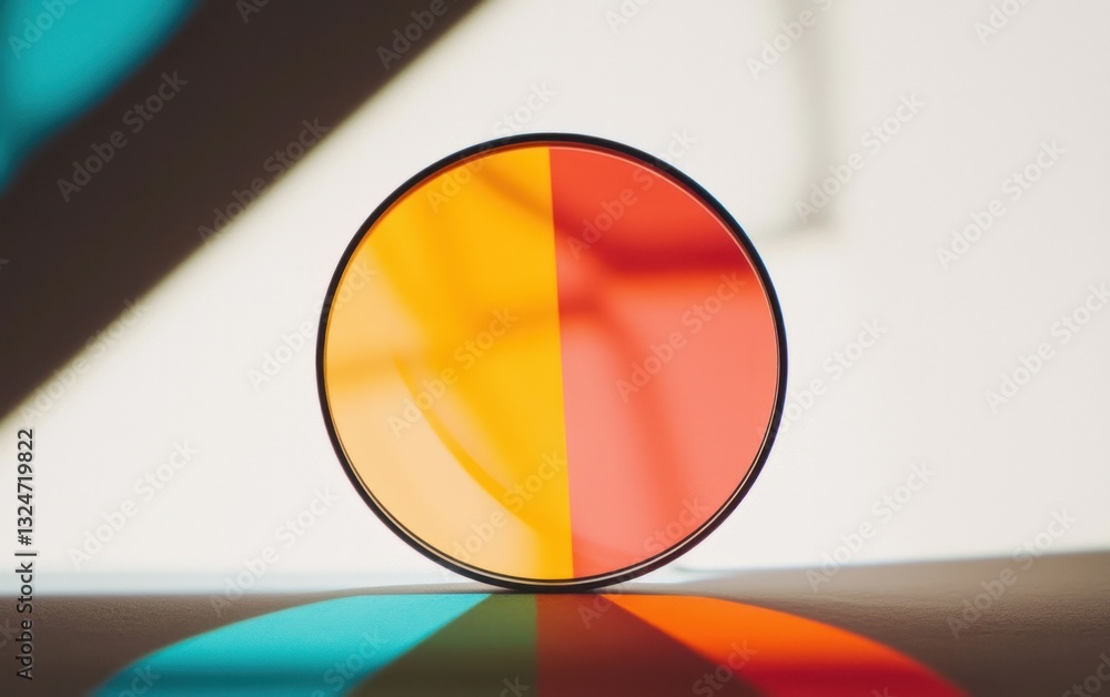 Poster abstract circular object with orange and red halves casting colorful shadows