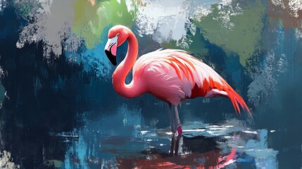 Artistic Watercolor Illustration of a Flamigo Bird in Natural Habitat Environment