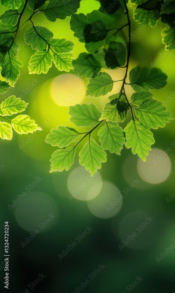 Poster fresh green leaves glowing in sunlight with blurred bokeh background