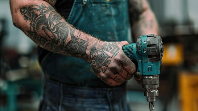 Close-up of a worker's tattooed arms holding a heavy-duty power tool