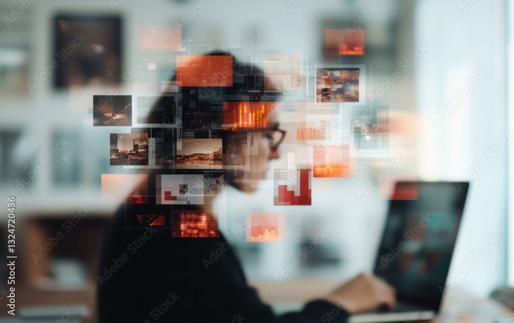 Poster woman using laptop with overlapping digital images and data