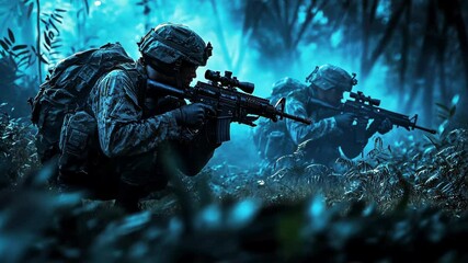 Stealthy military patrol in dense jungle environment: armed soldiers navigate through thick vegetation