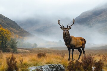 Majestic Red Deer Stag in Misty Scottish Highlands Autumn Landscape Breathtaking Wildlife Photography Nature Scene Wild Animal Powerful Antlers fog   