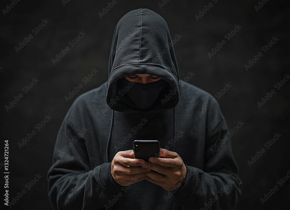 Poster hacker using smartphone wearing black mask and hoodie in dark room