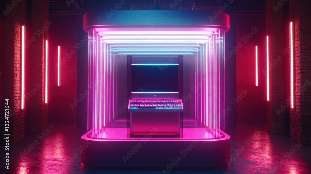 Poster gamer setup with keyboard and screen inside capsule glowing with neon light