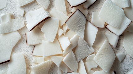 Close-up of a pile of small, irregularly shaped pieces of white fabric. the pieces are arranged in a scattered manner, with some overlapping each other.
