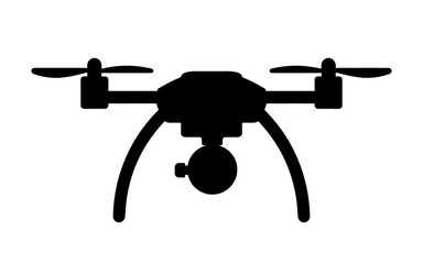 A drone with two propellers, a camera mounted in the middle, and a body structure supporting the camera. Black and white illustration.