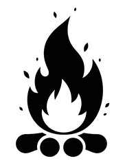 A black and white illustration of a campfire. The fire is depicted with a prominent flame at the center, surrounded by smaller flames and embers.
