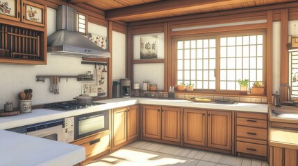 Fototapeta premium A beautifully designed and well lit asian inspired kitchen interior