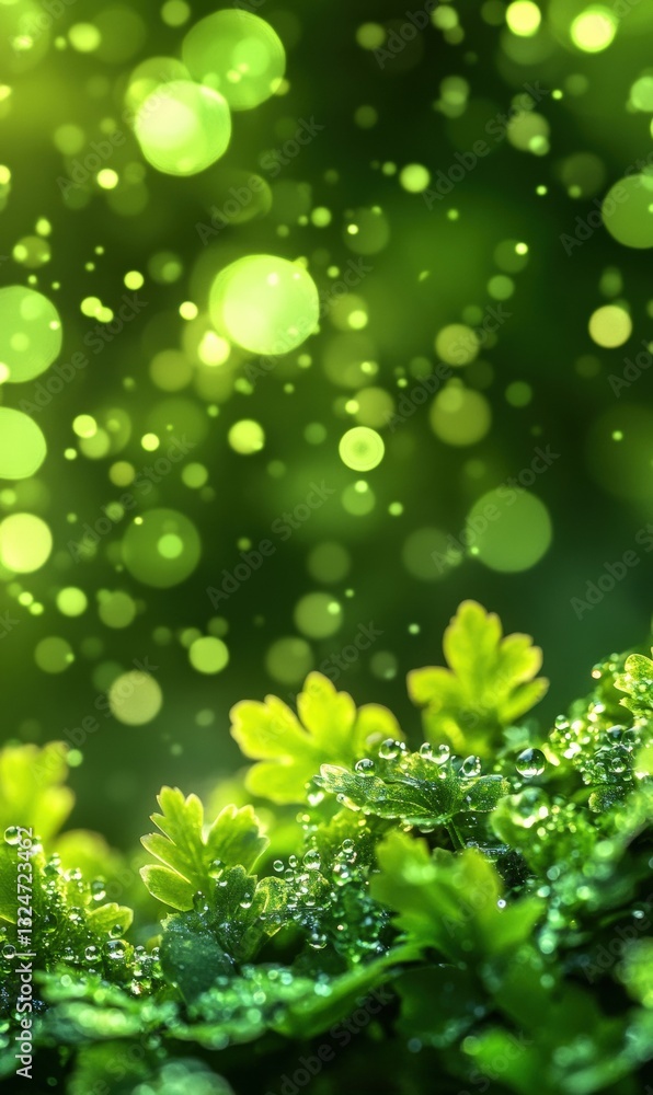 Poster lush green foliage with raindrops and soft sunlight creating bokeh background