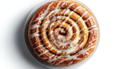 Top-down view of a golden-brown cinnamon roll with icing drizzle, isolated on white background
