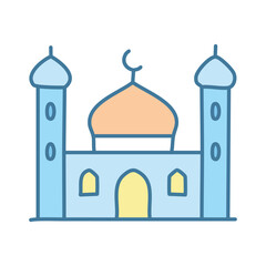 Simple illustration of a mosque, featuring light blue minarets, a peach dome, and yellow arched entryway