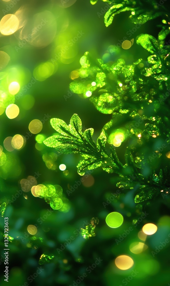 Poster Green bokeh background with defocused lights and shadows, creating a blurred texture