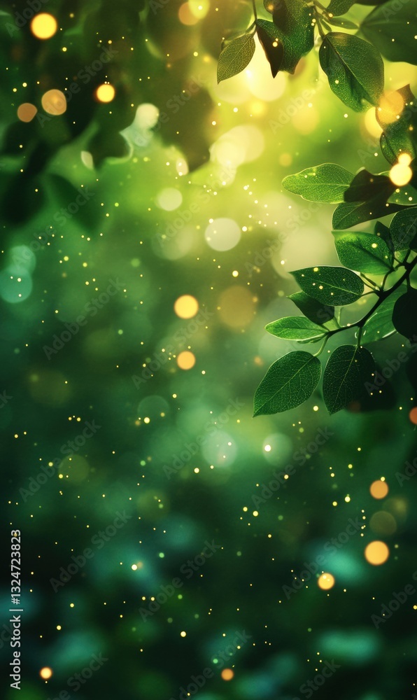 Poster Green leaves and blurred background with magical bokeh effect creating a dreamlike atmosphere