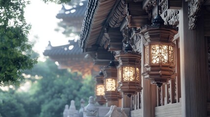 Traditional asian architecture featuring hanging lanterns and intricate carvings