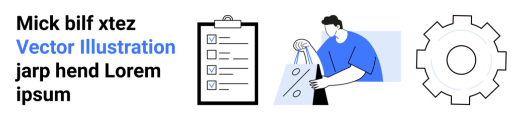 Man carrying shopping bags, clipboard with checklist, gear icon representing settings. Ideal for productivity apps, task management, shopping lists, project planning, organization tools, efficiency