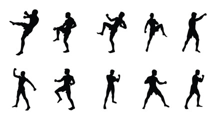 Muay Thai Silhouette Set: Martial Arts Fighting Kicks and Combat Poses