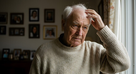 Elderly man with white hair and thoughtful expression, touching his head. Wearing a cozy sweater, standing in a room with blurred framed portraits.