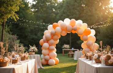 Gender neutral baby shower decoration in garden with balloon arch kit. White cream peach caramel balloon garland, outdoor event setup in bohemian style. Tables served with teddy bears, flowers,