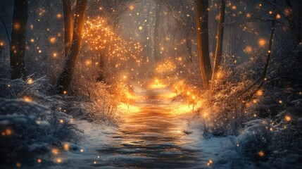 Naklejka premium A snowy path through a glowing forest with magical lights