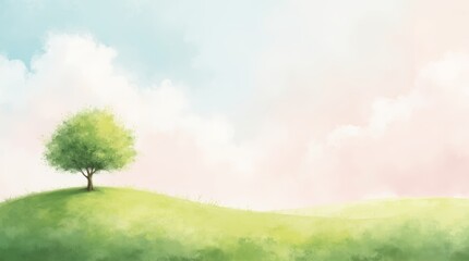 Fototapeta premium A dreamy watercolor landscape featuring a gentle rolling meadow with a single tree on a hill. The sky is a soft gradient of pink and blue, allowing for an airy and bright atmosphere