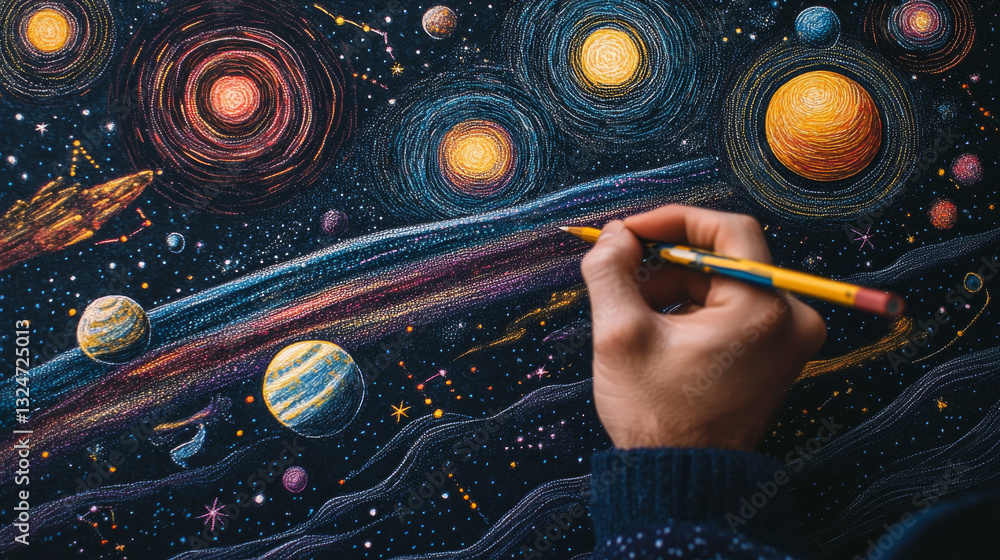 Poster abstract image of a hand draws a drawing in the form of a starry sky or space, consisting of points,