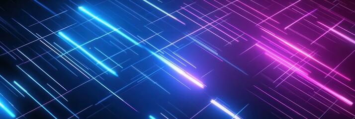 Digital abstract pattern with glowing neon lines in blue and purple shades forming a sleek grid on a dark background