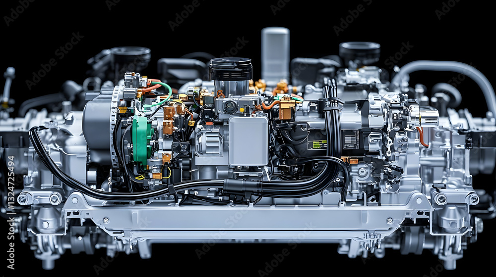 Poster detailed view of complex mechanical engine assembly with metallic components and electrical wiring o