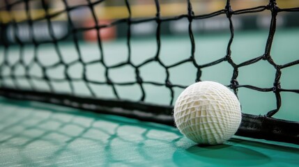 A brand-new shuttlecock in its cylindrical case beside a competition net.