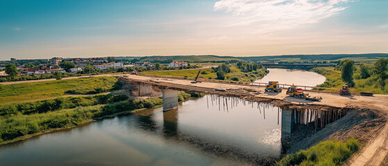 AI generator image of Heavy machinery is working,damaged bridge being repaired,bridge is being demolished in the tramway construction site. Water is sprayed to bind dust
