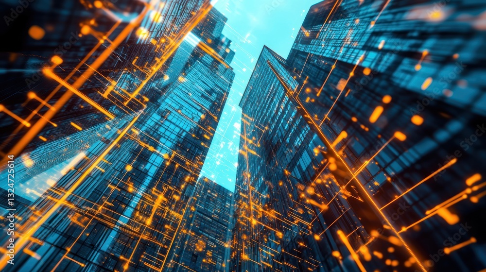 Poster futuristic cityscape with glowing networks and modern architecture design