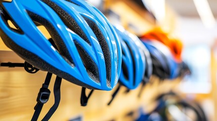 Close-up of a row of blue cycling helmets displayed on a wooden shelf in a bike shop