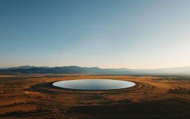 Fototapeta premium Circular Lake Reflecting Sky in Arid Landscape