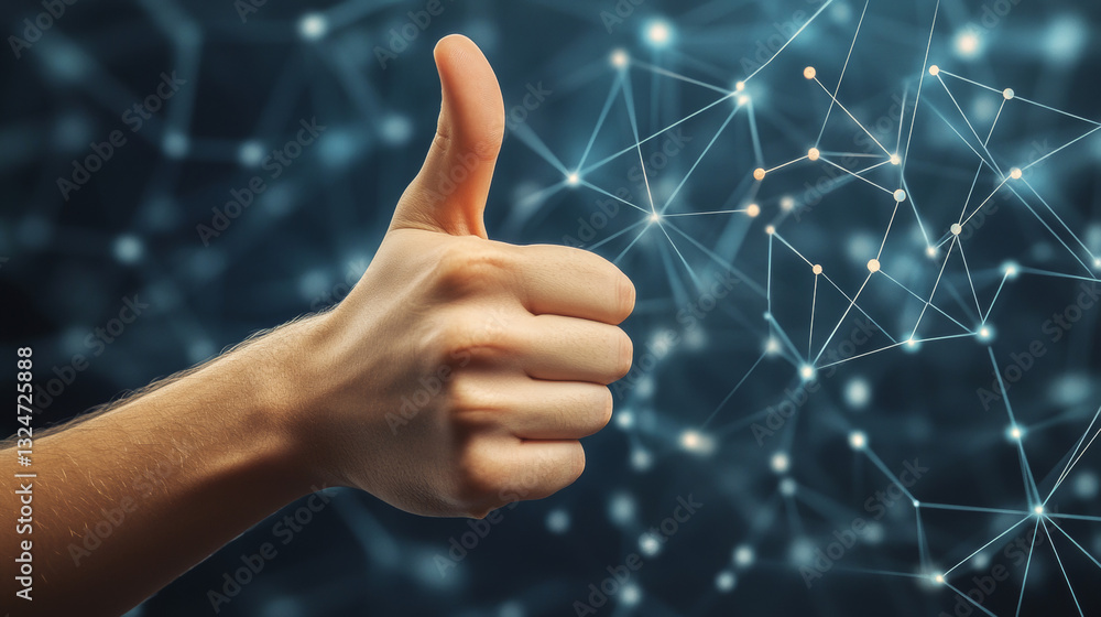 Poster abstract hand thumb up the high tower polygonal, geometry triangle. light connection structure. low 