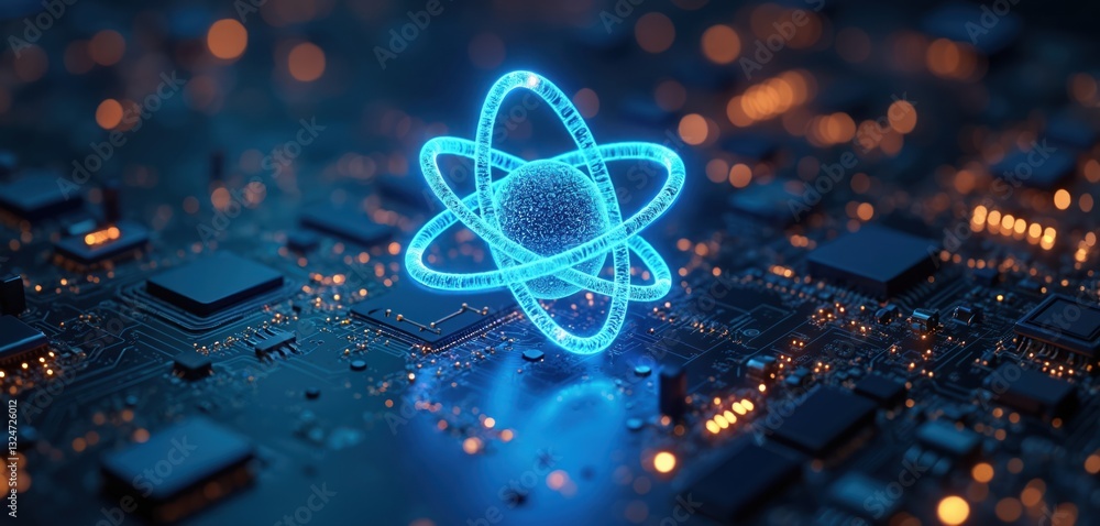 Leinwandbilder digital atom model with glowing lines, circuit background. futuristic technology concept with blue n