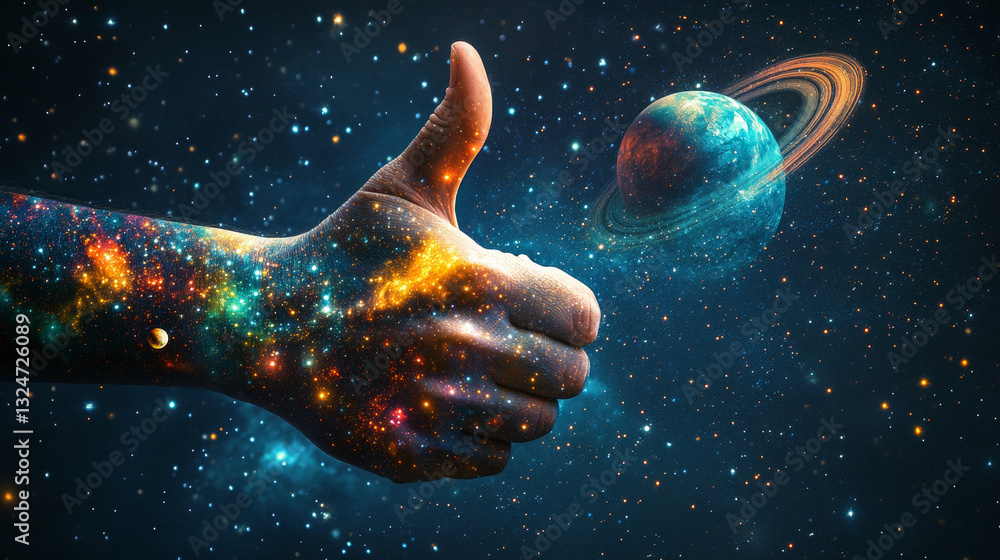 Poster abstract image of a hand thumb up in the form of a starry sky or space, consisting of points, lines,