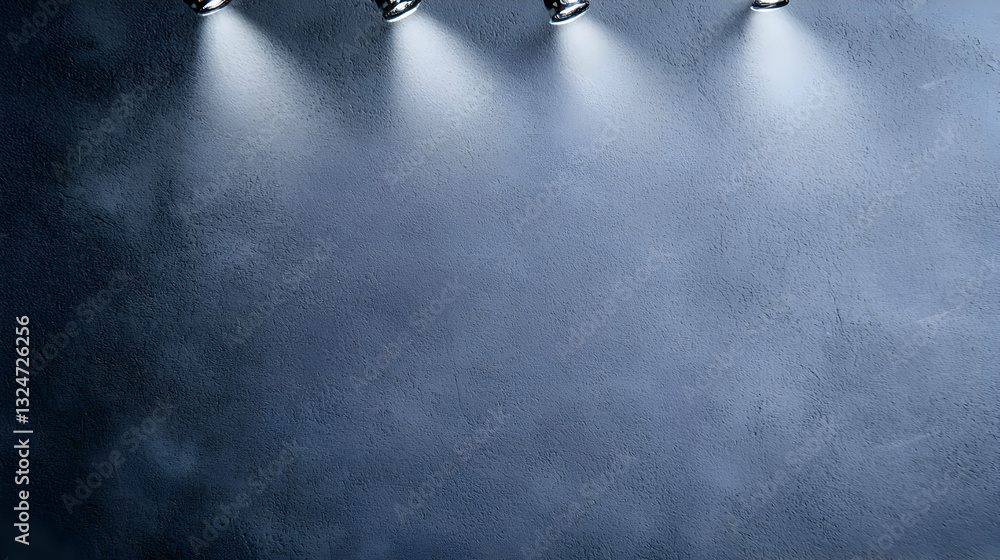 Poster blue concrete surface illuminated by four overhead spotlights creating a textured dark backdrop