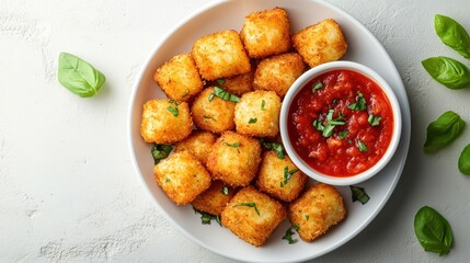 Top-down view of a serving of mozzarella sticks with marinara sauce, isolated on white background