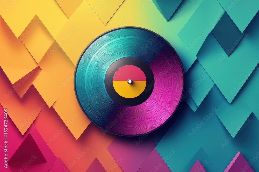 Poster colored disc spins on vibrant triangles in a dynamic and artistic display, colored disc spinning on 