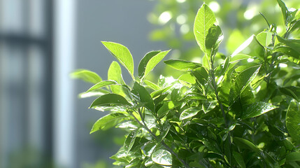 Obraz premium Close Up View Of Green Leaves With Sunlight Illuminating The Fresh Foliage Against A Blurred Background