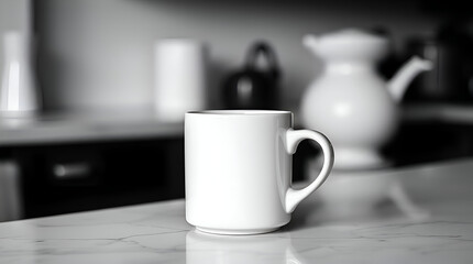 A simple white mug on a marble countertop, with a modern aesthetic and clean design for lifestyle branding