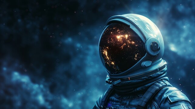 Astronaut Helmet on a Table in a Space Station with Clean Lines and Ample Room for Text or Graphics