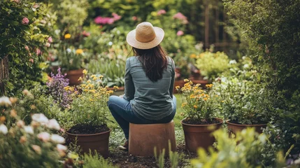 Woman sits in lush garden with colorful flowers and leafy plants