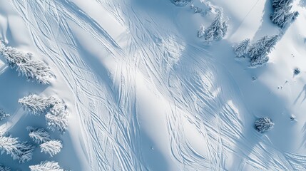 Aerial perspective of ski tracks crisscrossing a white mountain landscape, showing patterns in the snow.